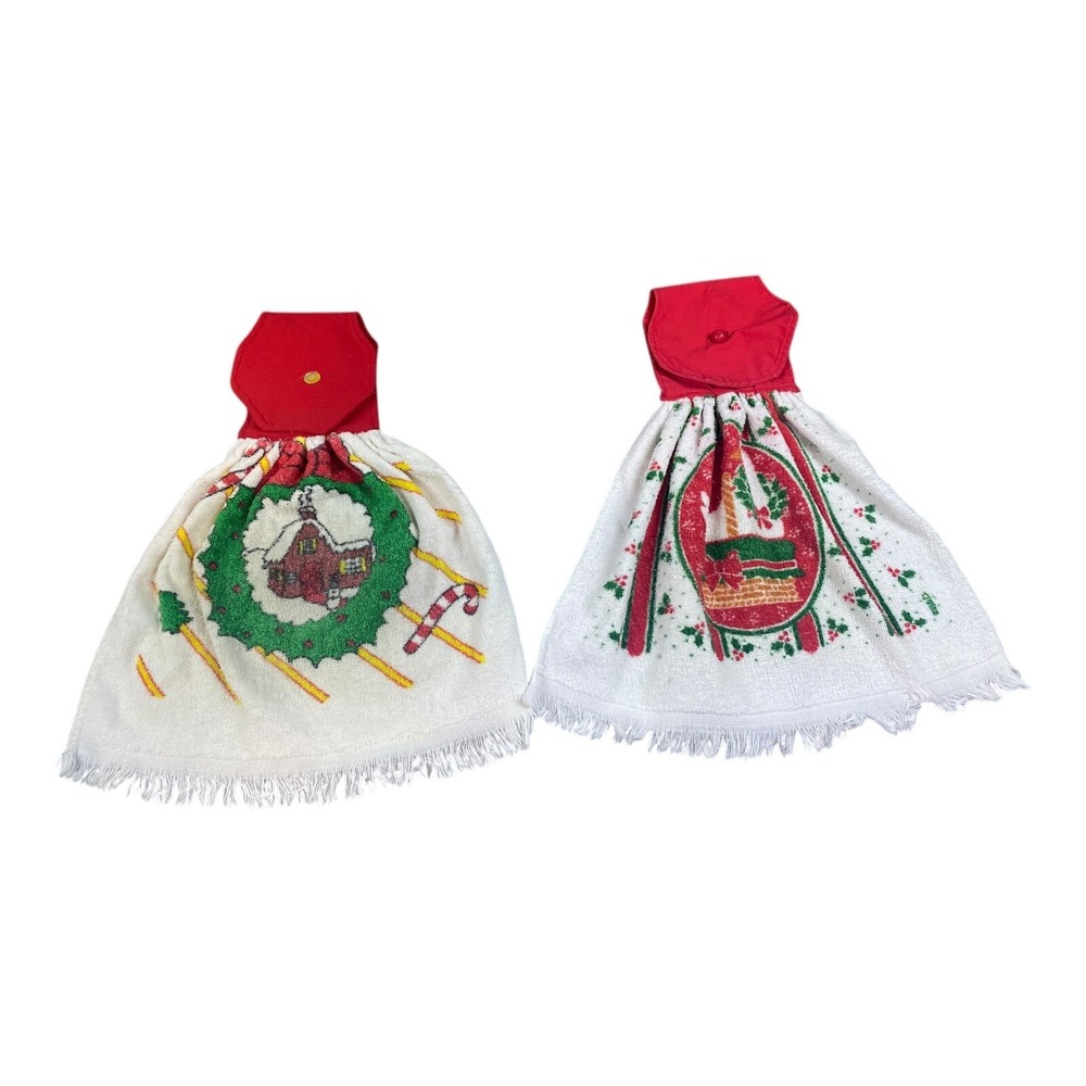 2 VTG Christmas Towels Guest Fingertip Hand Hanging Cottage Duck 80s 90s Kitschy